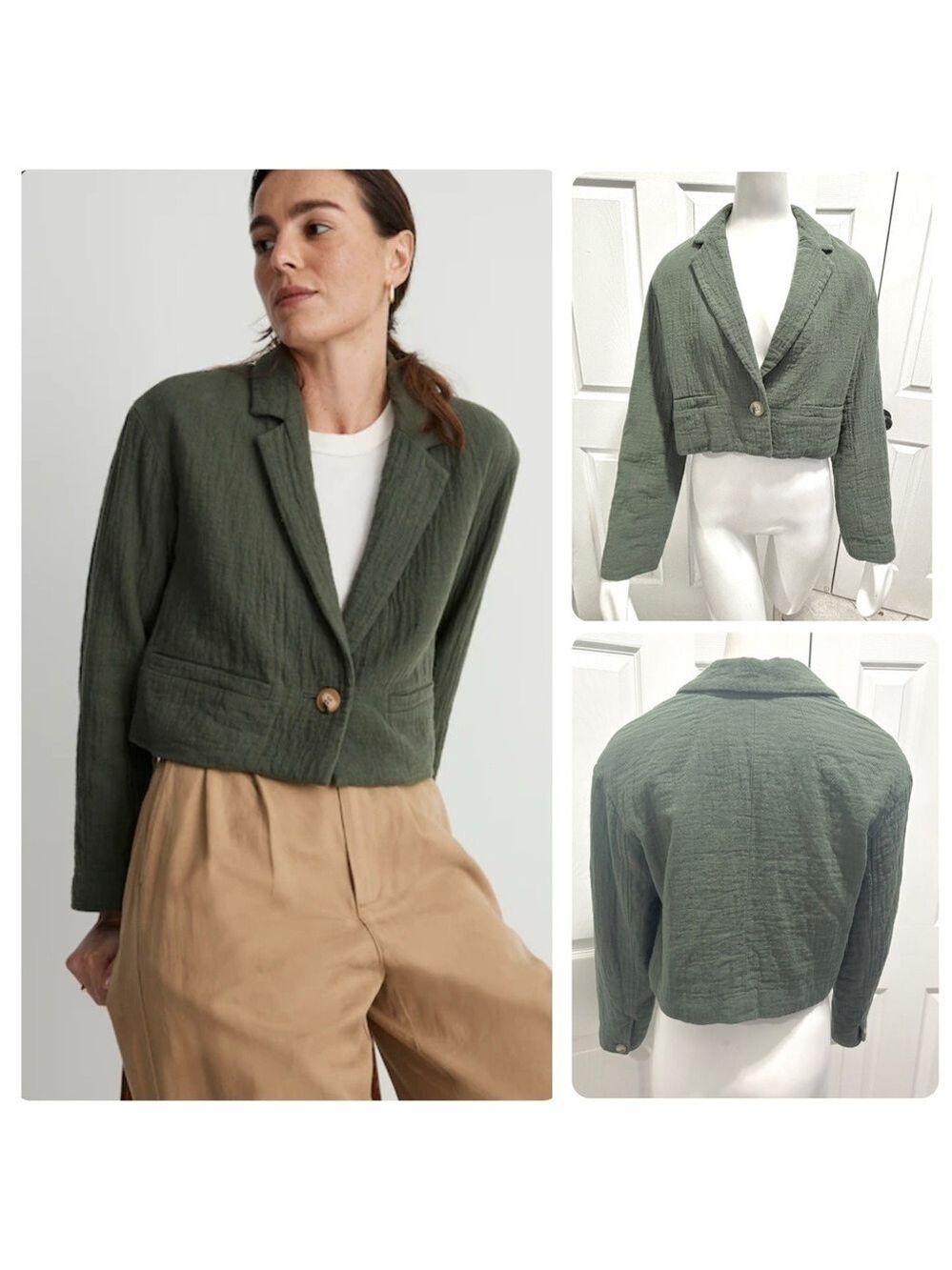 MADEWELL Cropped Blazer Linen Blend Drop Shoulders Oversized Foraged Green Small